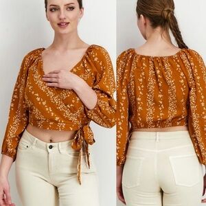 BCBG Paris Cropped 3/4 Puff Sleeves V Neck Fall Floral Wrap Shirt Top Blouse  XL